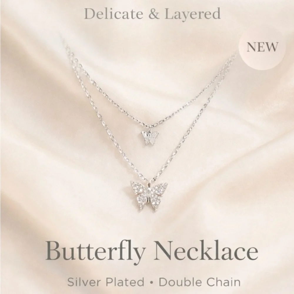 Butterfly Layered Necklace Silver Plated Double Chain NWT Delicate Charm